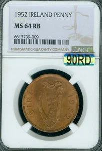 1952 IRELAND ONE PENNY NGC MS64 RB  MAC 90RED 90RD 2ND FINEST GRADE * - Picture 1 of 2