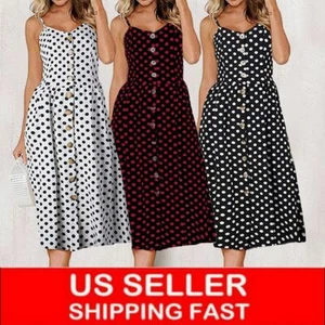 Womens Long Maxi Dress Boho Holiday Beach Summer polka dots Cocktail Sun Dresses - Picture 1 of 15