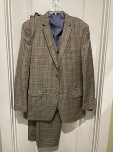 Vitali Brown Taupe Plaid 3 Piece Modern Lightweight Summer Suit M6917 Size 46 L - Picture 1 of 14