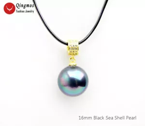 16 mm Collar Colgante de Perlas con Caparazón del Mar Negro para Mujer y Cuerda de Cuero Negro n6520 - Imagen 1 de 4