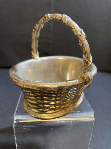 Vintage Solid Metal Miniature Wicker Basket 3 1/4" Tall x 3 1/2" Long x 3" Wide Cover
