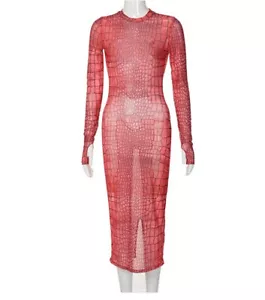 Mujeres Snake Print Sexy Backless Manga larga Slim Mesh Sheer Mid Calf Dress #B33 - Imagen 1 de 8