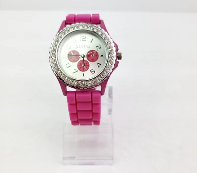 Unbranded Geneva Fashion Costume Womens Pink Silicone Band Bling Wrist Watch - Image 1 of 4