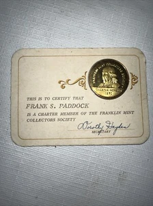 1970 Franklin Mint Collectors Society Membership Sterling Silver Coin Gold Plate - Picture 1 of 6
