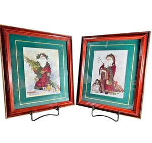 Santa's Gifts Prints Reimel Abrams Set of 2 Deep Green Mat Framed Watercolor VTG - Picture 1 of 16