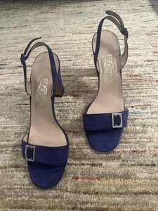Salvatore Ferragamo Sexy Blue Suede Open Toe Slingback Heel Women Shoes 8B EUC - Picture 1 of 4