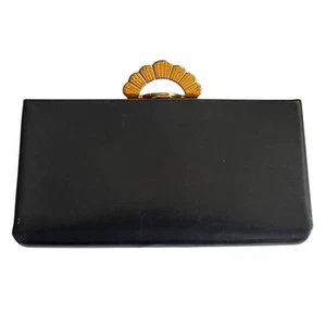 RARE Vintage Evans 1920-40s Womens Clutch Leather Handbag Black Gold Art Deco - Picture 1 of 11