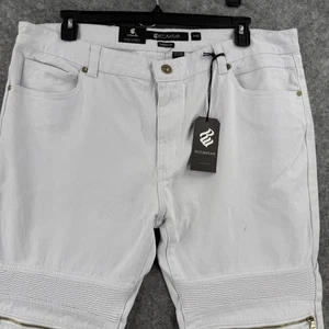 Rocawear Jeans Mens 42x32 White Tapered Fit Moto Biker Zipper Denim Pants New - Picture 1 of 18