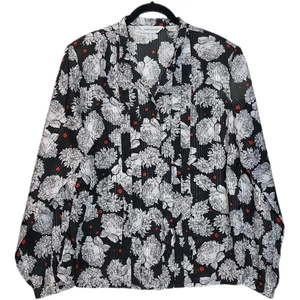 VINTAGE Alice Stuart Black Floral Pleated Mock Collar Button up blouse 14/LG - Picture 1 of 14