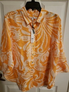 Chico's Womens No-Iron Linen Floral 3/4 Sleeve Button Up Shirt Mango Size 3 NWT - Picture 1 of 3