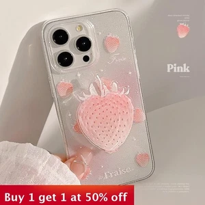 For iPhone 16 15 Pro Max 14 13 12 Phone Case Shockproof Cover Strawberry Bracket - Picture 1 of 7