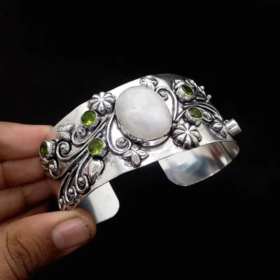 925 Sterling Silver Moonstone With 6 Peridot Gemstone jewelry Cuff Bracelet - Image 1 of 4