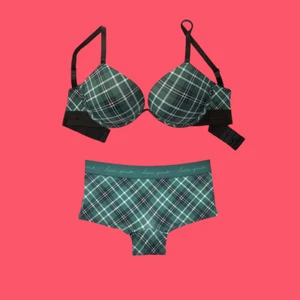 2pc Victoria's Secret Pink SUPER PUSH-UP BRA+Panty SET Satin Green Plaid NWT - Picture 1 of 24