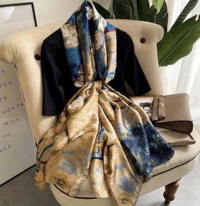 Seidentuch Damen Ölfarbe Druck blau braun Hijab Tuch Halstuch Weihnachtsgeschenk - Bild 1 von 3