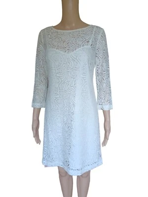 Vestido Vaina Trina Turk Para Mujer Blanco Encaje Hasta la Rodilla Cuello Barco Talla 4 Foto 1 de 4