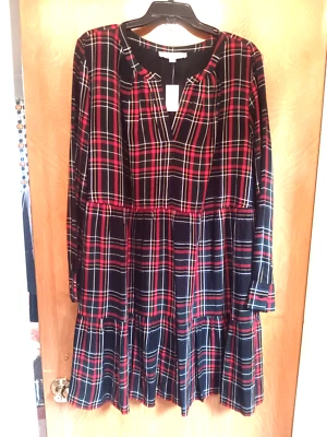 LOFT XL красный черный зеленый клетку платье ярусный Shift платье Vee шеи новый с Ярлыками $89 колена - Изображение 1 из 4