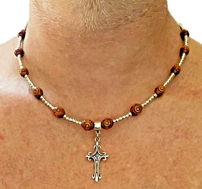 Collana con croce rosario da uomo donna catenina girocollo lunga 45 cm ciondolo - Immagine 1 di 4