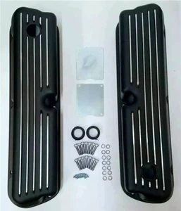 SBF SB Ford Mustang 5.0L 289 302 351W Finned Tall BLACK Aluminum Valve Covers - Picture 1 of 2