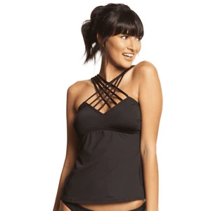 $83 Kenneth Cole New York Cross Strappy Front Tankini Top Black Solid Size Large - Picture 1 of 1