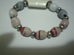 Red & Grey Stripe Ceramic Bead Bracelet p B549B - Picture 1 of 1