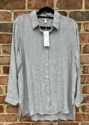 NWT Eileen Fisher Organic Linen Striped Classic Collar Tunic Button Shirt L - Image 1 of 4