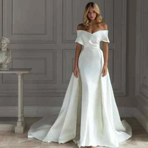 Off Shoulder Mermaid White Detachable Trailing Wedding Dress Sweetheart Satins - Picture 1 of 4