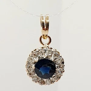9ct Sapphire & Diamond Old Cut 0.30ct Cluster Split Loop Yellow Gold Pendant - Picture 1 of 15