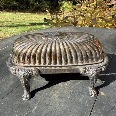 FB Rogers Silver Plated Butter Dish Swing Dome Top Glass Insert Lion Head Legs - Image 1 of 4
