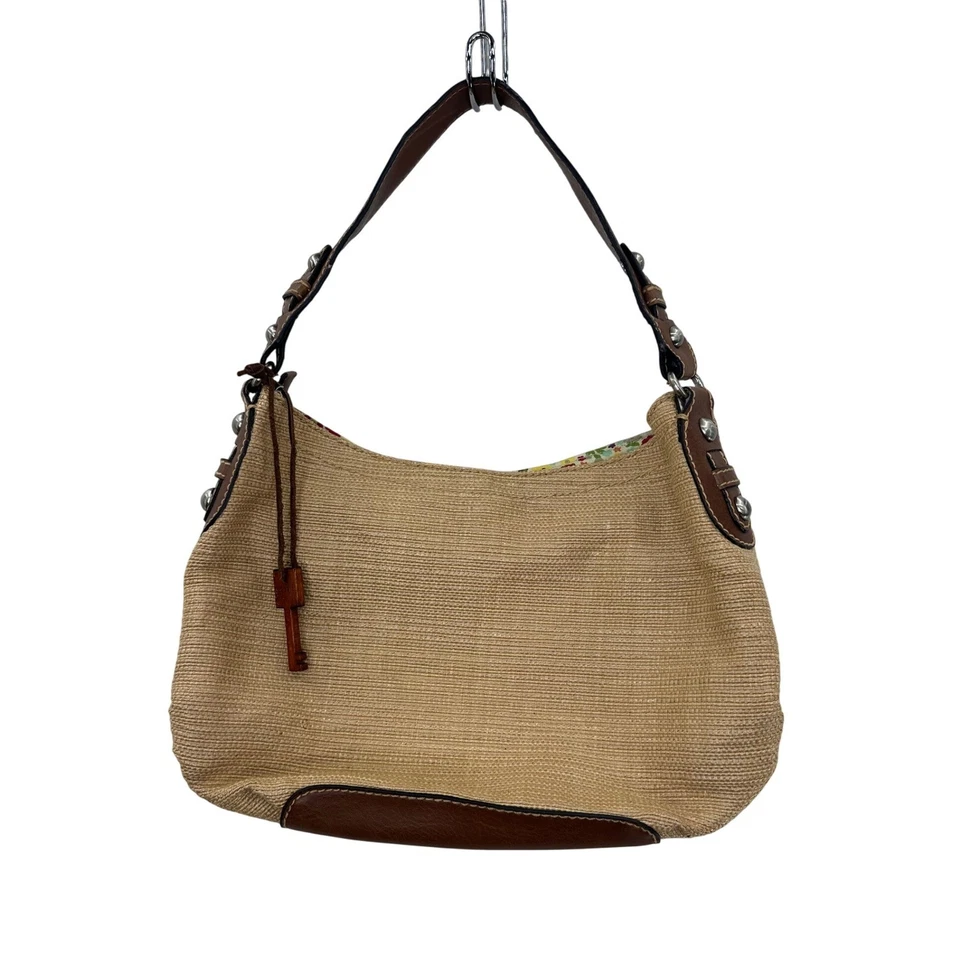 Bolso Hobo Fossil Tostado Tela Tejida Cuero Borde Forro Floral Cartera Foto 1 de 4
