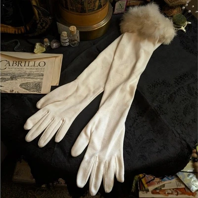 Vintage Long Opera Gloves Women's XS White Real Fur Cuffed Long Evening 50s/60s - Image 1 of 4