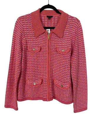 全新带标签 Talbots 领拉链开衫仪表板条纹粉色橙色粗花呢,尺寸 L,娇小  — 第 1/4 张图片