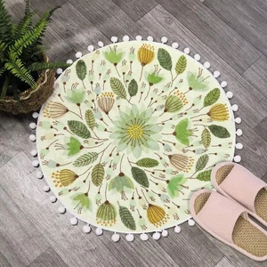 Small Round Rug 2’ Circle Cute Bath Mat with Pom Poms Fringe Floral Plant Was... - Foto 1 di 7