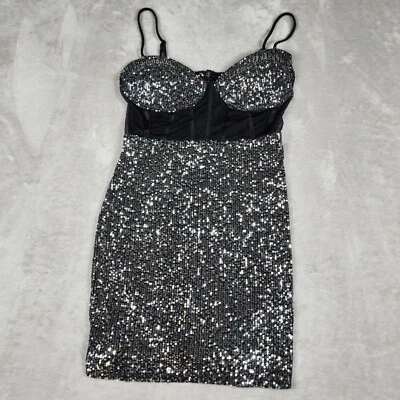 Charlotte Russe Night Out Dress Womens XL Black Silver Sequin Rear Zip Clubbing - Image 1 of 4