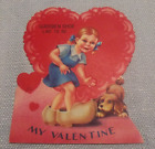 Vintage Valentine Card Girl Dog Hearts Wooden Clogs Dutch Bows Blue Dress