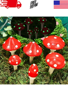 Set of 6 Miniature Glow in the Dark Red Mushroom Statues for Fairy Garden Decor - Picture 1 of 10