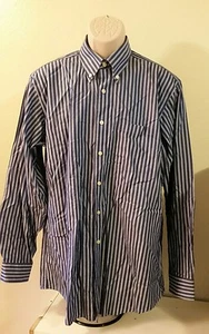KIRKLAND Mens 16.5/35 Blue's White Striped Button Front Long Sleeve Shirt - Picture 1 of 5