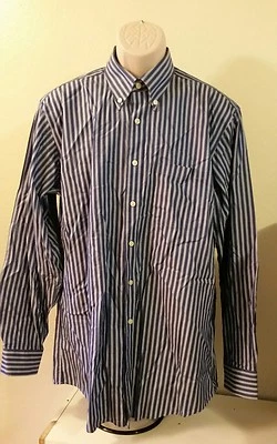 KIRKLAND Mens 16.5/35 Blue's White Striped Button Front Long Sleeve Shirt - Image 1 of 4