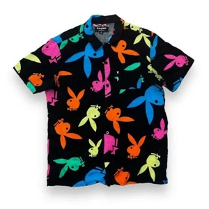 Playboy By PacSun Button Up Short Sleeve Shirt Multicolored Logo All Over Mens M - Picture 1 of 5