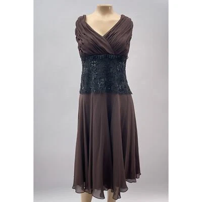 Tadashi Collection Dress Women 18 Brown Silk Black Beaded Whimsygoth Cocktail - Image 1 of 4