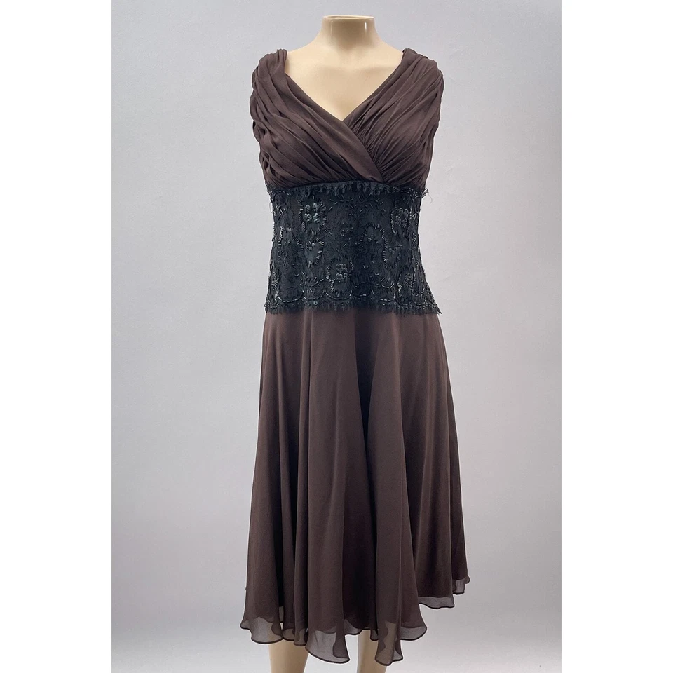 Tadashi Collection Dress Women 18 Brown Silk Black Beaded Whimsygoth Cocktail - Image 1 of 4