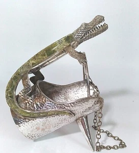 Weinflasche Caddy Halter Antik Geschnitzt Serpentin Stein Krokodil Versilbert - Bild 1 von 6