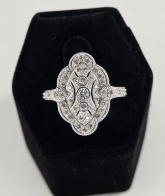 Vintage 14K White Gold Scalloped Art Deco Victorian Style Diamond Ring Sz 7 - Image 1 of 4