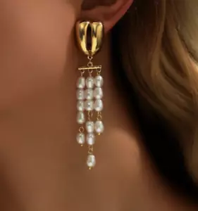 Faux Pearl Clip On Earrings Drop Dangle Shiny Gold Wedding Prom Pageant Bridal - Picture 1 of 8