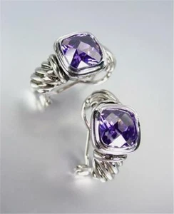 18kt White Gold Plated Cable Purple Amethyst Crystal Omega Spring Latch Earrings - Picture 1 of 2