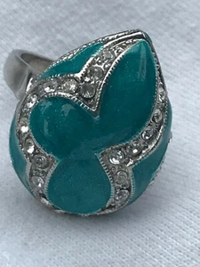 Estate Large Turquoise Enamel Teardrop w Clear Rhinestone Swirls Silvertone Ring - Picture 1 of 7