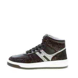 HOGAN women shoes H630 Basket High Top sneaker black leather with glitter silver - Picture 1 of 7