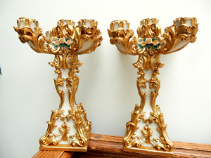 Vintage PAIR Candelabras Candle Holder Gold French Rococo Style Large 25cm Resin