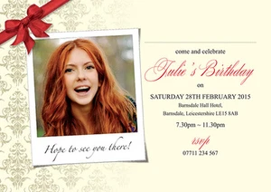 PERSONALISED BIRTHDAY PARTY INVITES Bow Corner With Your Own Picture Invitations - Picture 1 of 1