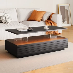 Modern Black Rectangular LED Lights Coffee Table with 2 drawers in 47.2" - Picture 1 of 14