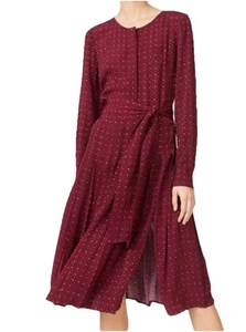 Club Monaco Burgundy Shirt Dress Sz 4 Belted Pink Polka Dots Midi Career Slit - Picture 1 of 5